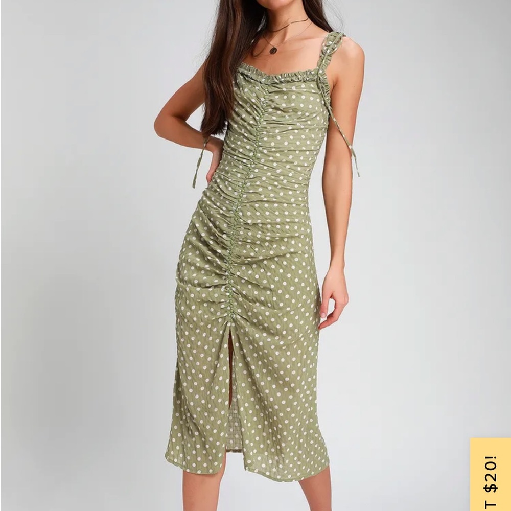 Lulu’s green polka dot ruched midi dress